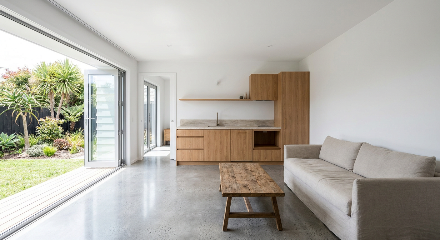 Finished Auckland garage conversion with modern living space and natural light