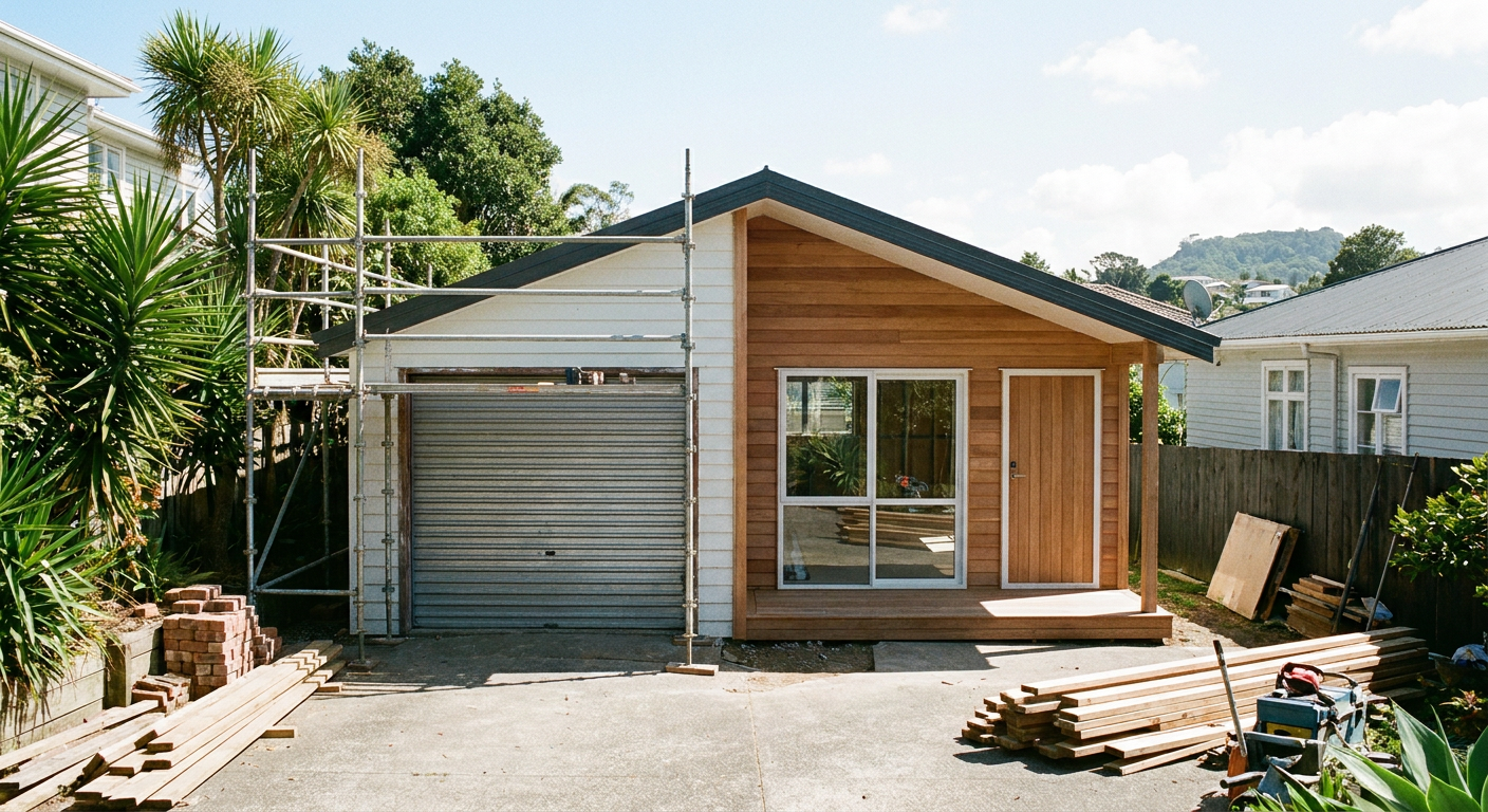 Garage conversion under construction in Auckland showing cladding, openings and exterior work